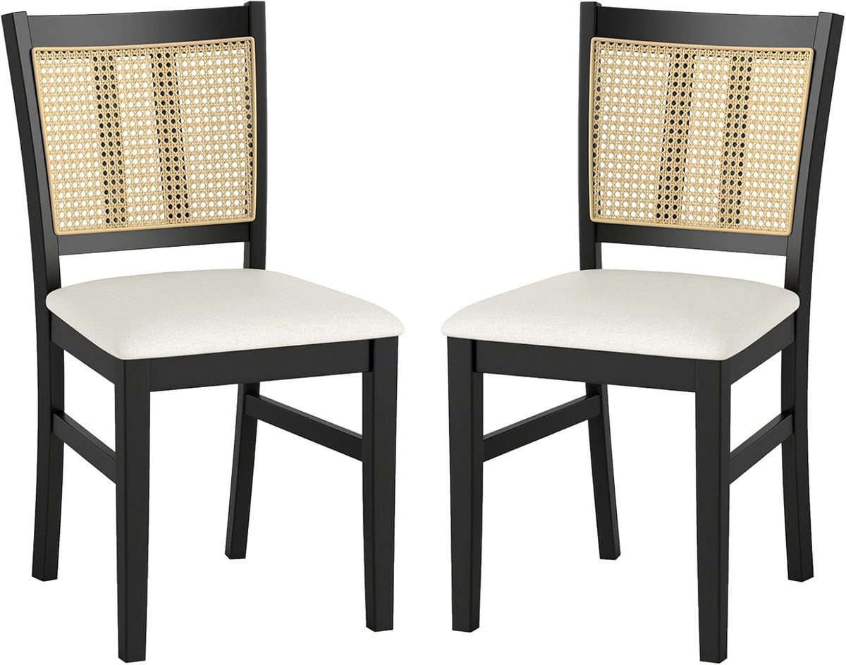 Giantex Rattan Dining Chairs Set of 2, Farmhouse Fabric Upholstered Kitchen Chairs with Rubber Wood Legs, Padded Seat, Cane Back, Country Armless Side Chair for Dining Living Room Restaurant