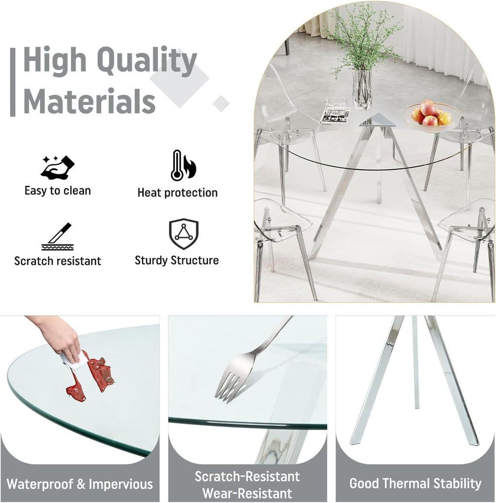 Round Dining Table Set for 4, 39" Clear Tempered Glass Table with Sliver Metal Legs and 4 Transparent Acrylic Chairs, Compact Modern Kitchen Table Set for Small Space Dining Room (Sliver)