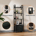 Furologee Ladder Shelf, 5 Tier Bookshelf with Fabric Drawer, Black Oak