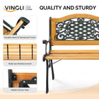VINGLI Classic Cast Iron & Teak Arched Back Rectangular Outdoor Bench, 3-Seater, 470 lbs Capacity, Easy Assembly, Weather Resistant, 49.5" W x 20.5" D x 29" H