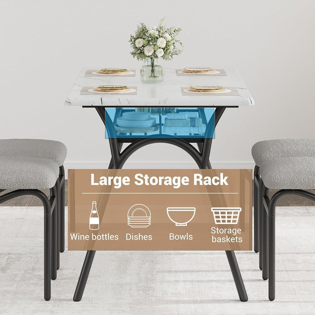 5-Piece Dining Table Set for 4, Modern Kitchen Table with 4 Boucle Chairs, Rectangular Dining Table with Storage Shelf & Marble Tabletop, Beige Home Dining Furniture for Small Space, Black+Beige