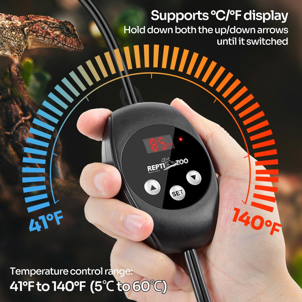 REPTI ZOO Reptile Light Fixture Dimming Thermostat Combo Pack, 8.5 Inch Deep Dome Lamp Fixture Max 150W, PID Reptile Thermostat Temperature Controller for Reptile Heat Lamp Bulb