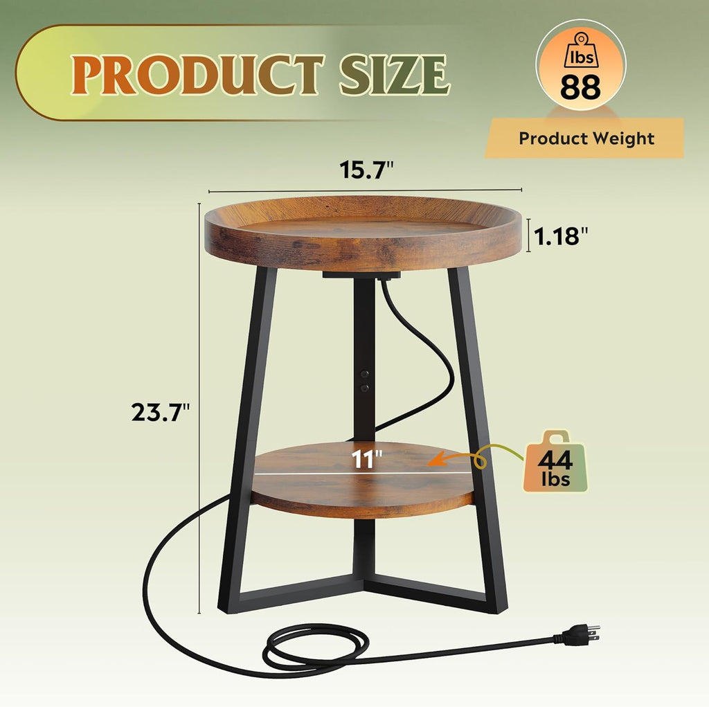WLIVE Small Round Side Table with Charging Station, Round Coffee Table, 2 Tier End Table for Living Room/Bedroom, Sofa Couch, Easy to Assemble, Wood Tabletop & Metal Frame, Rustic Brown