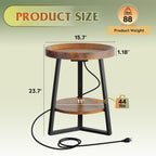 WLIVE Small Round Side Table with Charging Station, Round Coffee Table, 2 Tier End Table for Living Room/Bedroom, Sofa Couch, Easy to Assemble, Wood Tabletop & Metal Frame, Rustic Brown