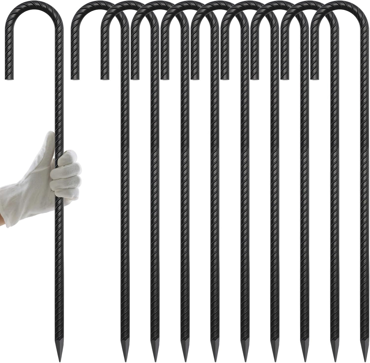 AAGUT 24” Rebar Ground Stakes (10pcs) Heavy Duty 1/2" J Hook Fence Anchors Curved Steel Garden Stake Yard Spikes with Sharp End for Camping Tent,Black Powder Coated