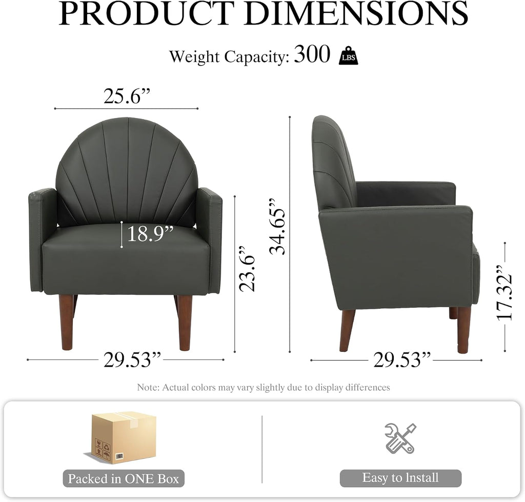Modern Upholstered Single Sofa Chair，PU Leather Armchair Vanity Chair Shell Back Accent Chair with High Resilience Foam Cushion, Spacious Seating Reading Chair for Living Room Bedroom (Sage Green)