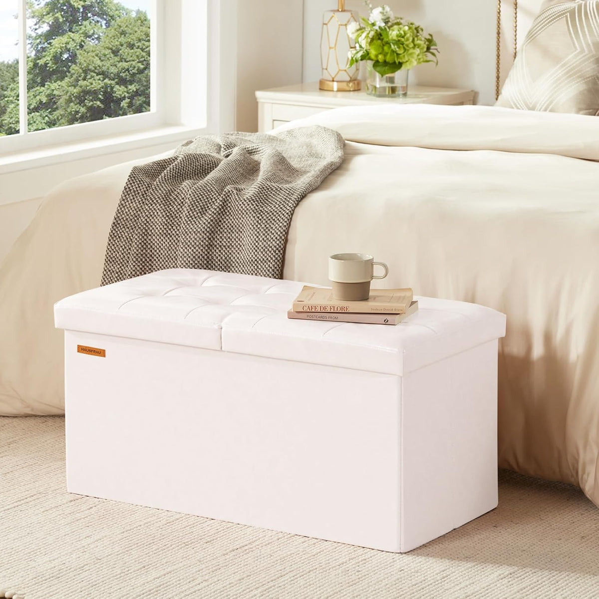 HAUSFRAU - 30 Inches Storage Ottoman Bench with Flipping Lid, Foldable Storage Chest Foot Rest for Living Room, Bedroom, Entryway, Load 660 lb, Synthetic Leather, White