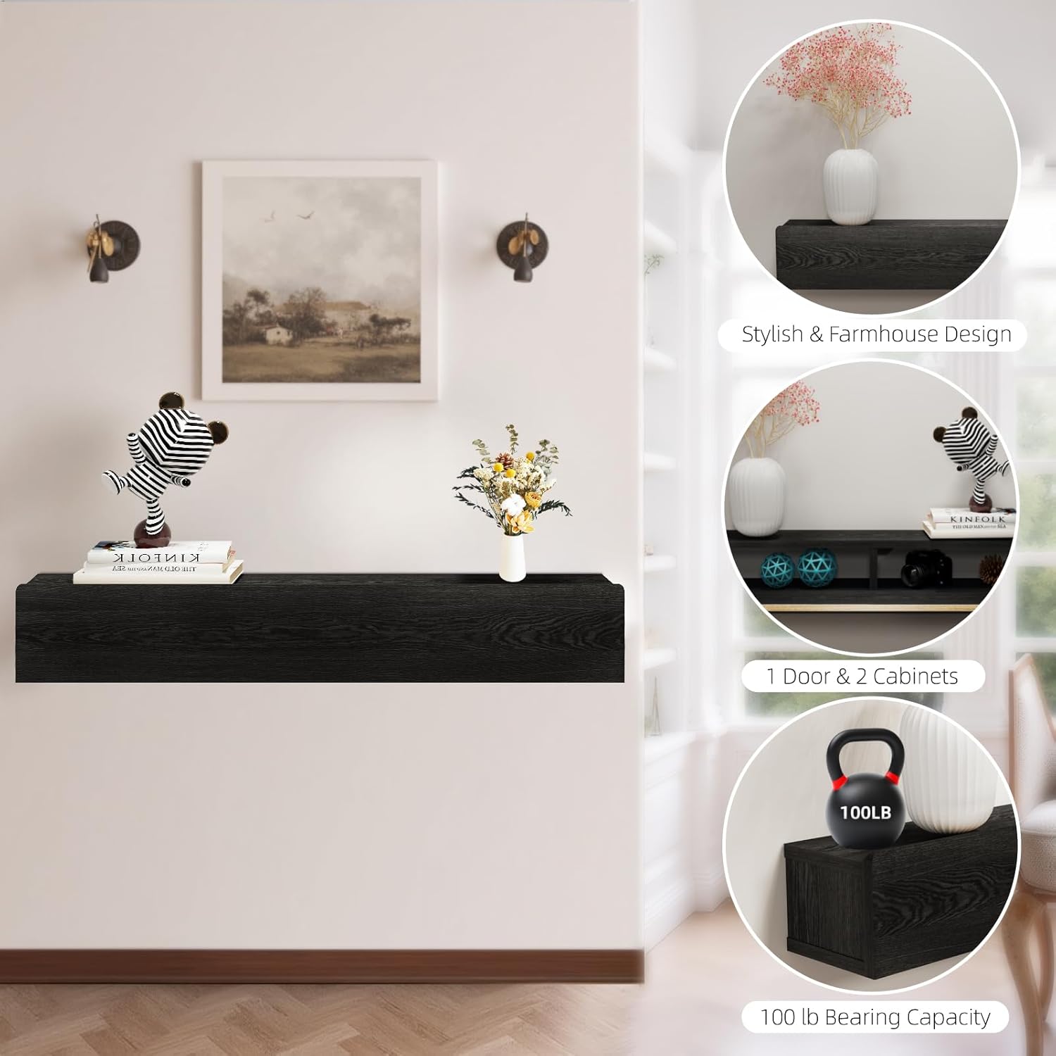 Floating Solid Wood Console Table, 32'' Wall Mounted Narrow Entryway Table with Storage Shelf, Modern Couch Shelves Small Entry Way Tables for Entryway, Front Hall, Hallway (Black)