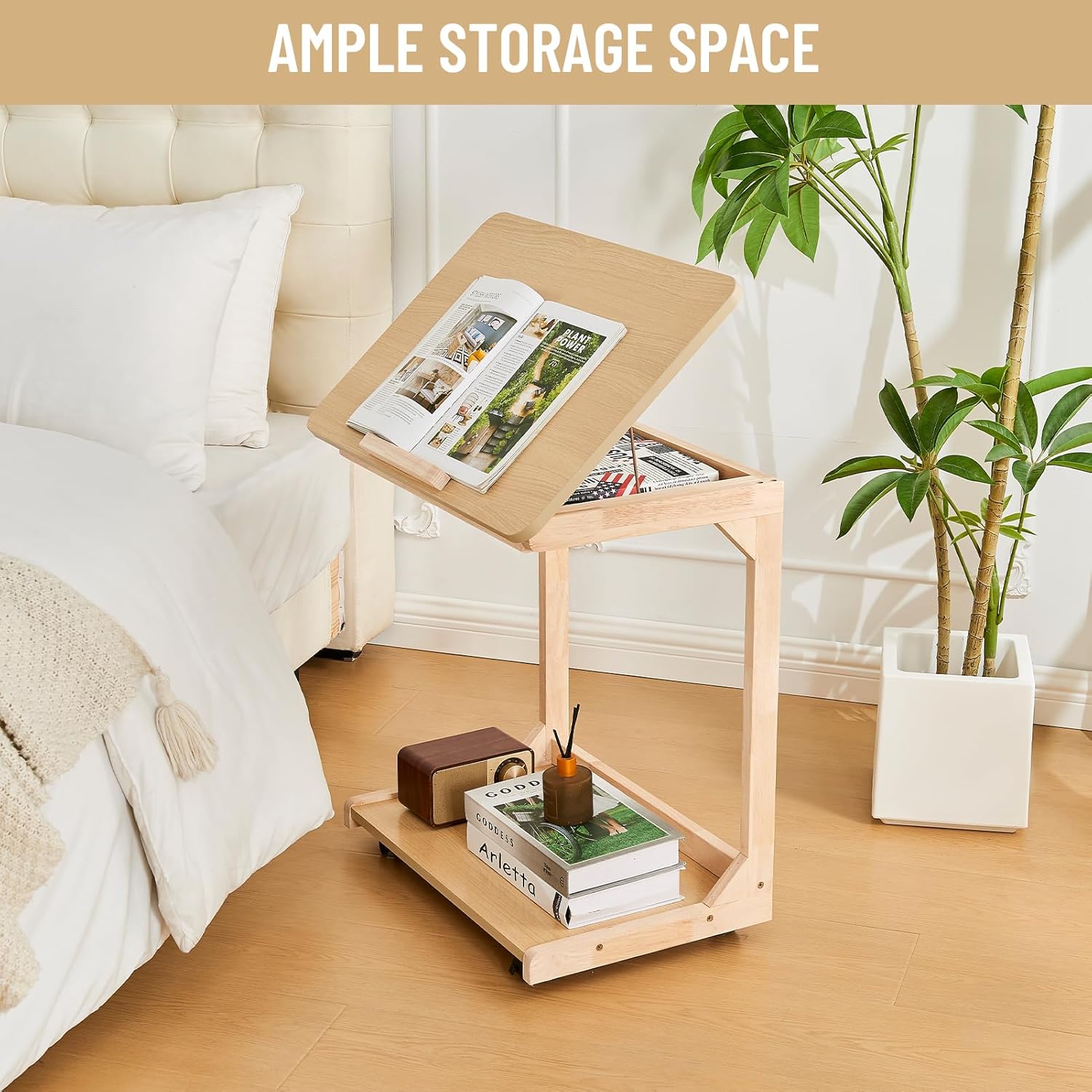 Uniclinens Rolling Side Table Desk Sofa - C Shape Couch End Table with Wheels, Mobile Wooden Slim Sofa Tray, Movable Small Couch Desk for Living Room Bedroom, Natural