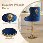 Gold Barstools Set of 4,Velvet Swivel Bar Height Stools with Lion Pull Ring,Upholstered Counter Height Stools with Tufted Back,Modern Adjustable Bar Chairs for Kitchen Island/Cafe, Navy Blue
