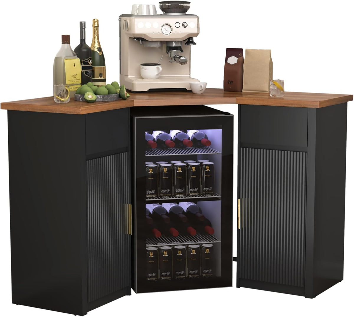 GDLF Corner Coffee Bar with Fridge Space, L Shaped Liquor Cabinet,Black | L-Shaped Countertop, Wine Glass Rack, Adjustable Shelves, Drawer Storage, Power Outlet, Coffee Station for Home & Kitchen
