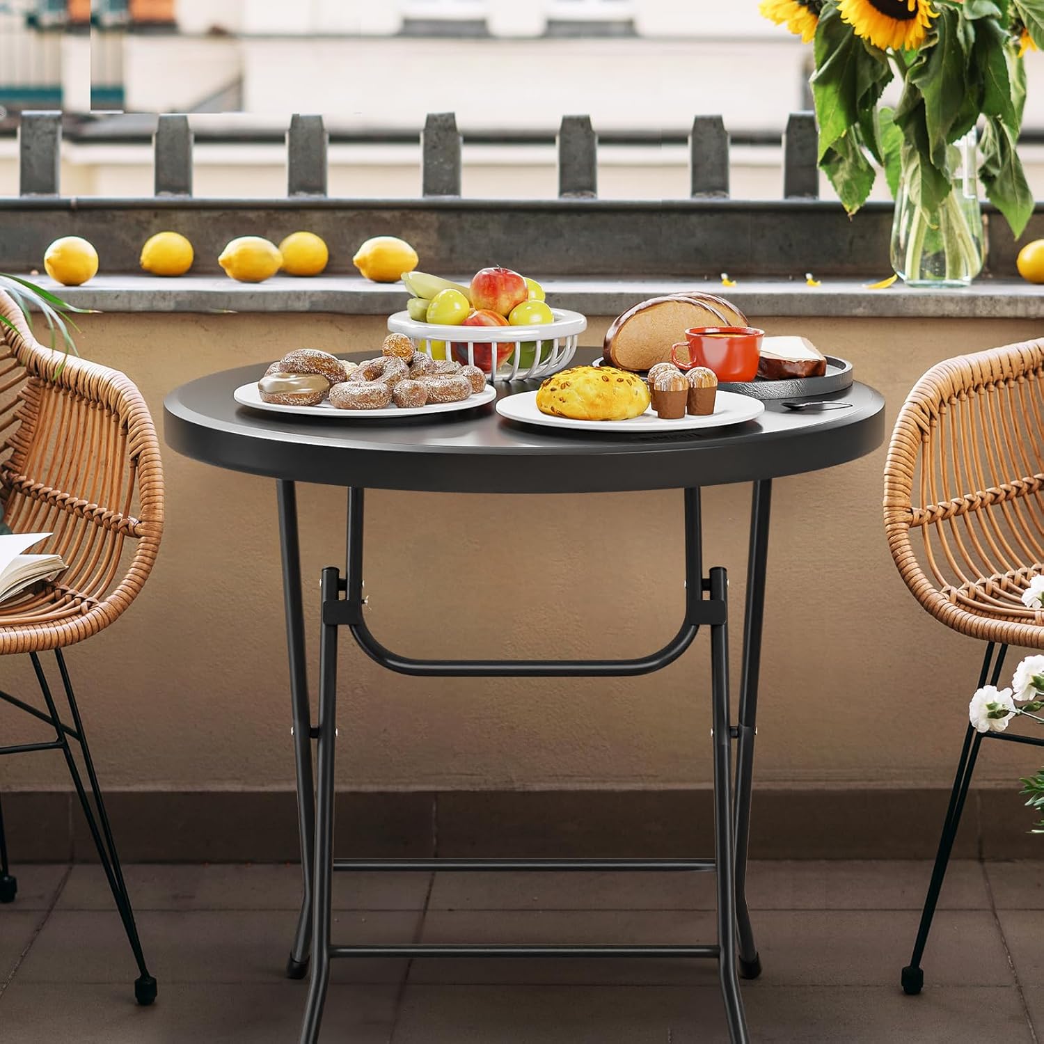 VINGLI 32" Round Folding Commercial Banquet Table, Portable Plastic Coffee Card Dining Table for Kitchen or Outdoor Party Wedding Event, 1 Pack, Black