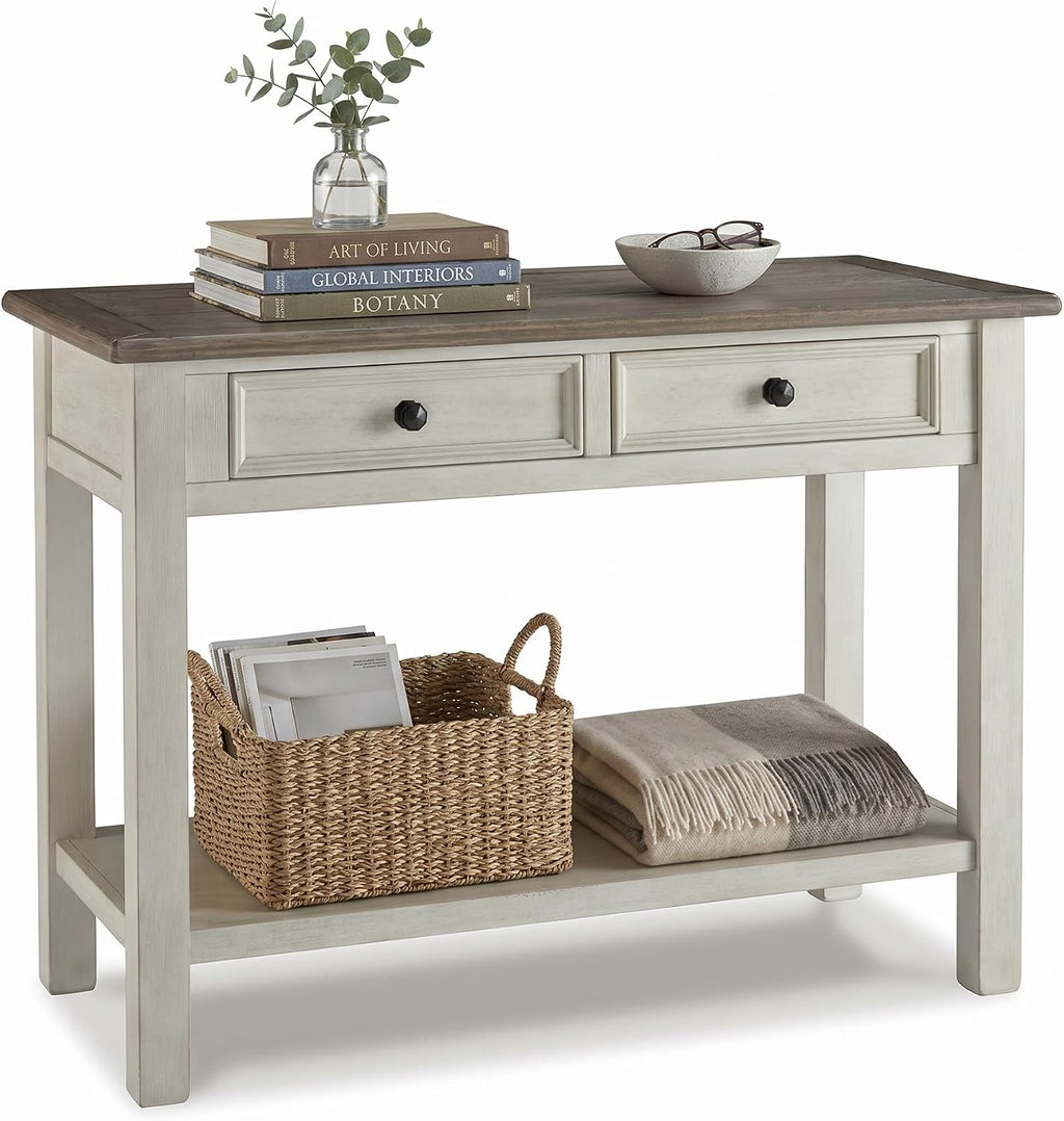 Signature Design by Ashley Bolanburg Farmhouse Sofa Console Table, White | Two-tone wood console, 22-inch deep storage, 2 smooth drawers, Made of veneers, wood and engineered wood