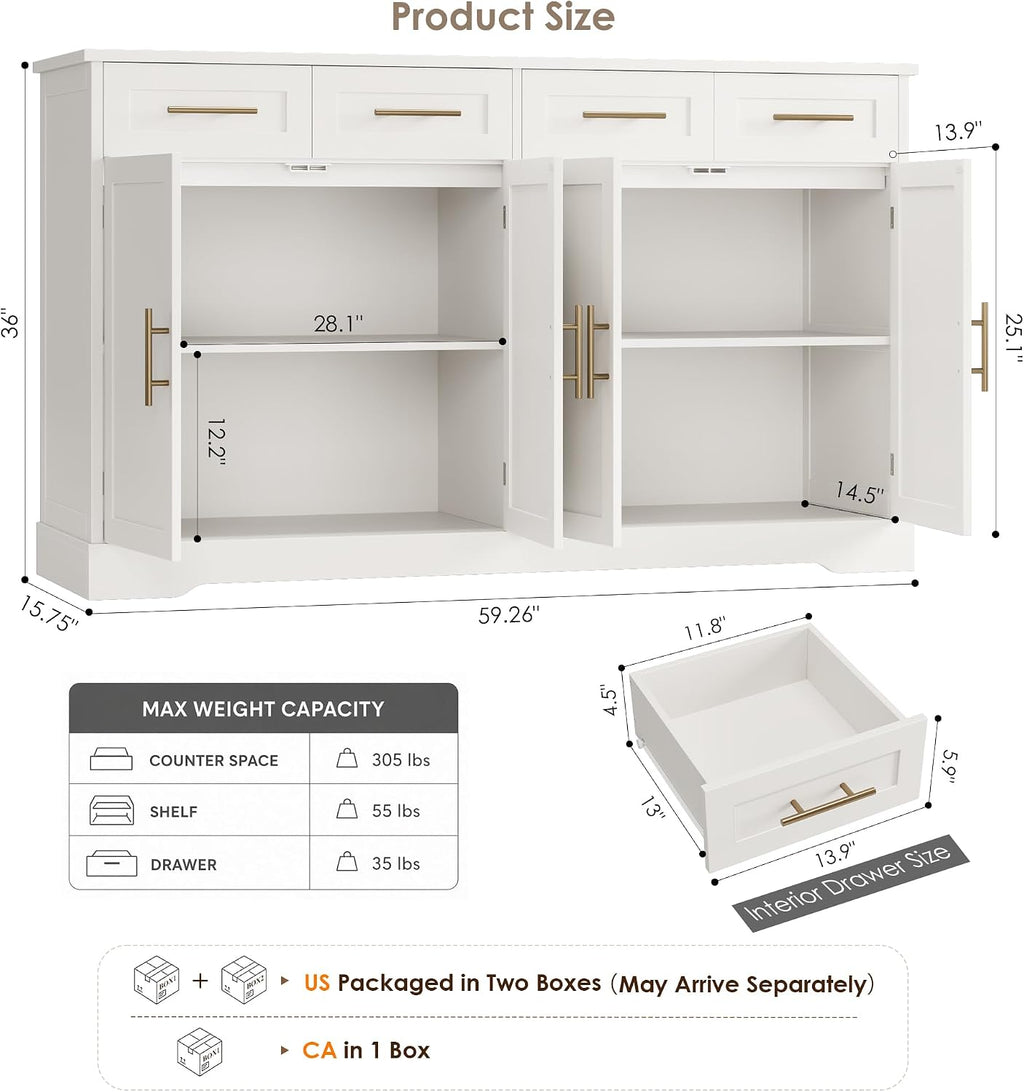 HOSTACK 60" W Sideboard Buffet Cabinet with Storage, Kitchen Cabinet, White