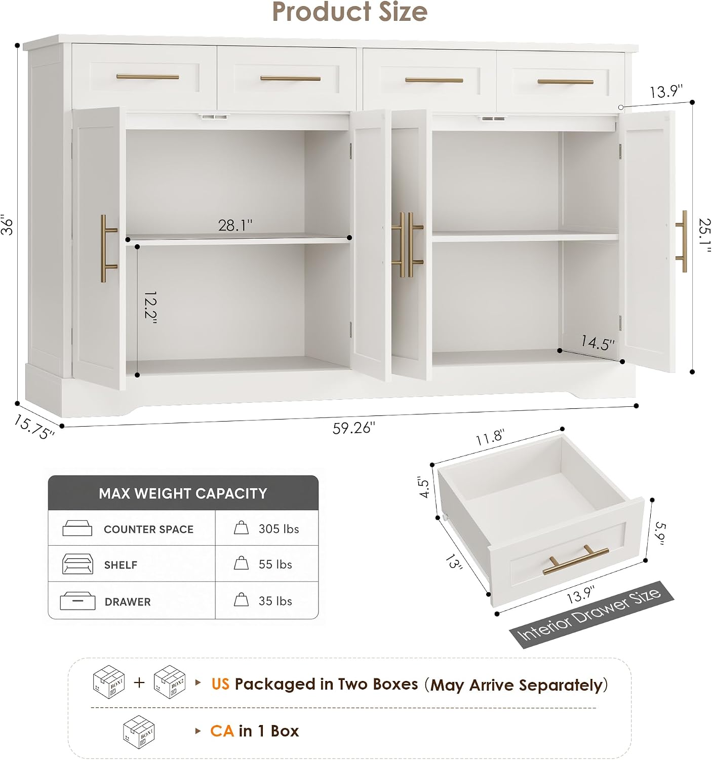 HOSTACK 60" W Sideboard Buffet Cabinet with Storage, Kitchen Cabinet, White