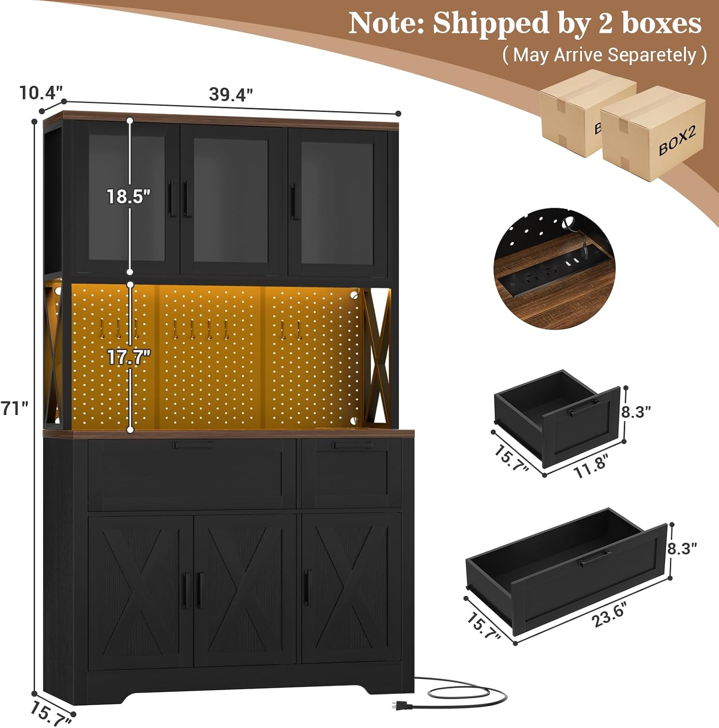Unikito 71" Tall Pantry Cabinet with Charging Station & LED Lights, Black | Kitchen Pantry Storage Cabinet,Farmhouse Freestanding Microwave Stand Coffee Bar Hutch, Drawers, DIY Pegboard, Dining Room