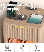 Akxomel Fluted Nightstand Set 2 Bedside Table with Charging Station Oak | Wooden Side Table with LED Light, Modern Mid Century End Table with Drawer, 15" D x 15.7" W x 22.6" H, for Bedroom