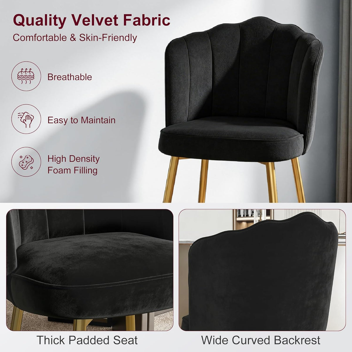VECELO Velvet Dining Chairs Set of 2, Modern Upholstered Kitchen Chairs with Thick Cushions, Curved Padded Backrest and Metal Legs, for Kitchen, Dining Room, Living Room, Black