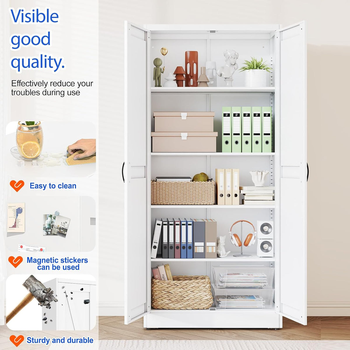 GAIOUS 71" Tall Kitchen Pantry Cabinet,White Cupboard,Metal Storage Cabinet | with 2 Doors and 4 Adjustable Shelves, Freestanding File Cabinet, 5 Tier Utility Cabinet for Dining Office Bathroom Bedroom