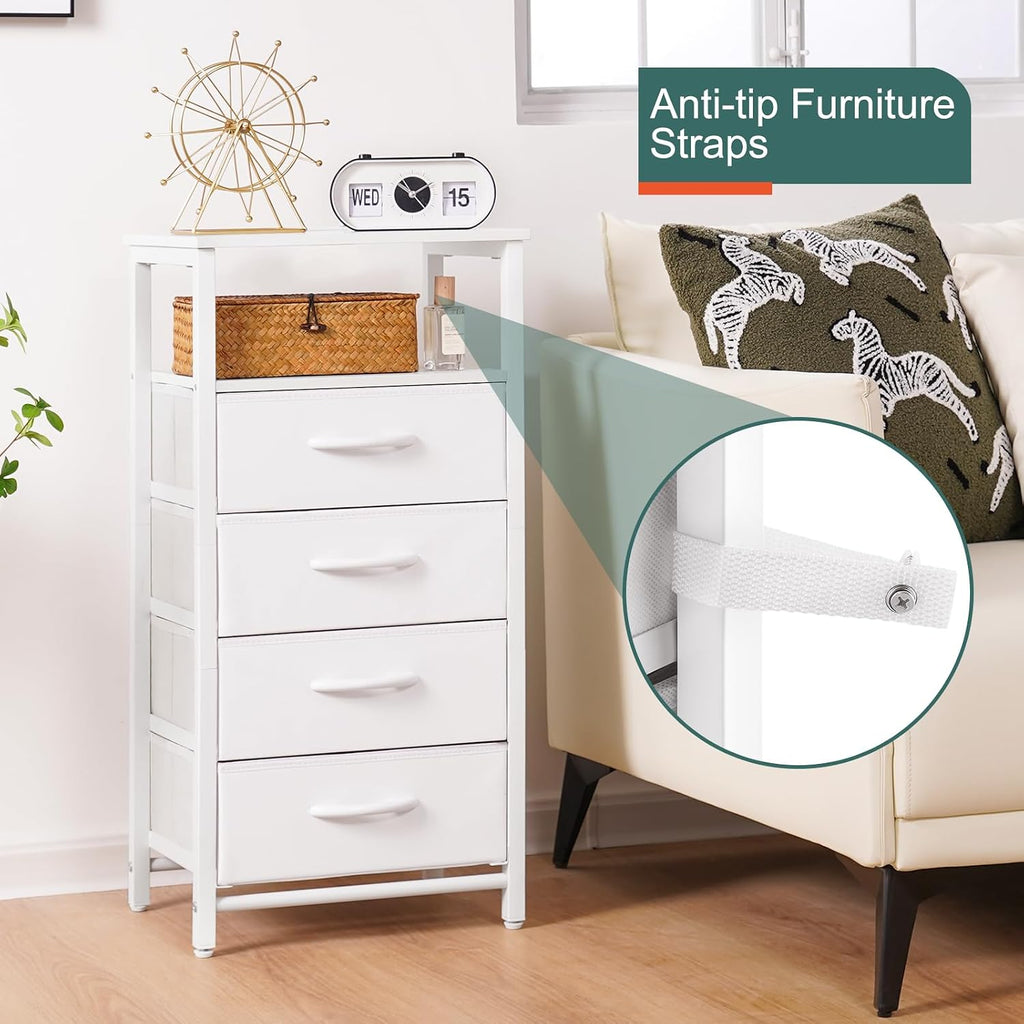 Yoobure Night Stand - LED White Nightstand with Charging Station, Bedside Table with 4 Storage Drawers and Storage Shelf, End Table with USB Ports and Outlets, Tall Nightstand for Bedroom