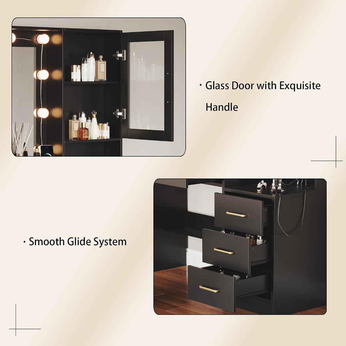 Makeup Vanity Desk with Mirror and Lights, 58.3" Makeup Vanity with Lights & Charging Station, Black Dressing Table Vanity Set Vanity Table with 8 Drawers & 2 Cabinets, with Installation tools