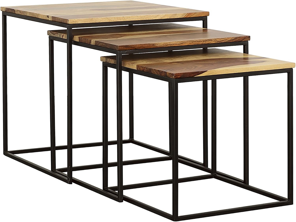 20" Natural Wood Stacking Nesting Tables, Set of Nesting Tables with Slender Metal Legs, Side Tables with Industrial Rustic Fusion for Versatile Home Living Spaces, Brown
