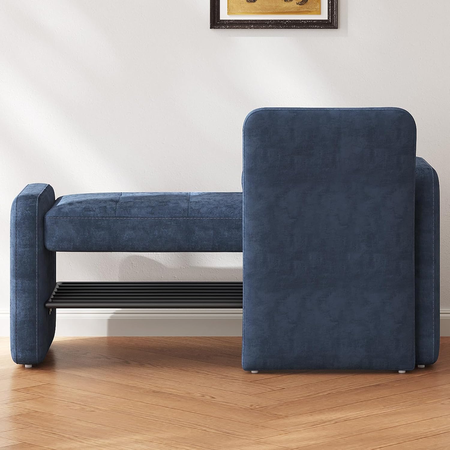 Miuuod 40.94" Navy Blue Upholstered Shoe Storage Bench with Adjustable Backrest,2-Tier Entryway Cabinet Ottoman,Bedroom Stool with Cushion, Narrow Hallway Organizer Shelf Seat for Living Room & Dorm