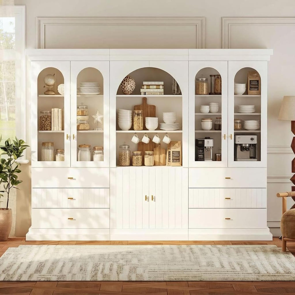 ivaniti 71" Arched Kitchen Pantry Cabinet, Tall Display Modern Storage Combination for Living Room and Dining Room with Dual Glass Door and Open Shelf Cabinets, White with Gold Handles, 3 of Set