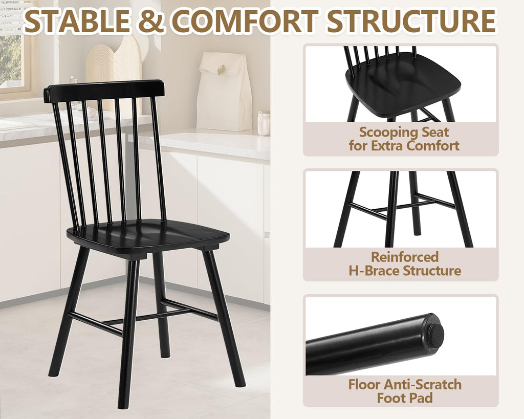 PrimeZone Windsor Dining Chairs Set of 4 with Spindle Back, Black | Solid Rubber Wood Farmhouse Kitchen Chair, Mid-Century Modern Side Dining Chair for Dining Room, Kitchen & Restaurant