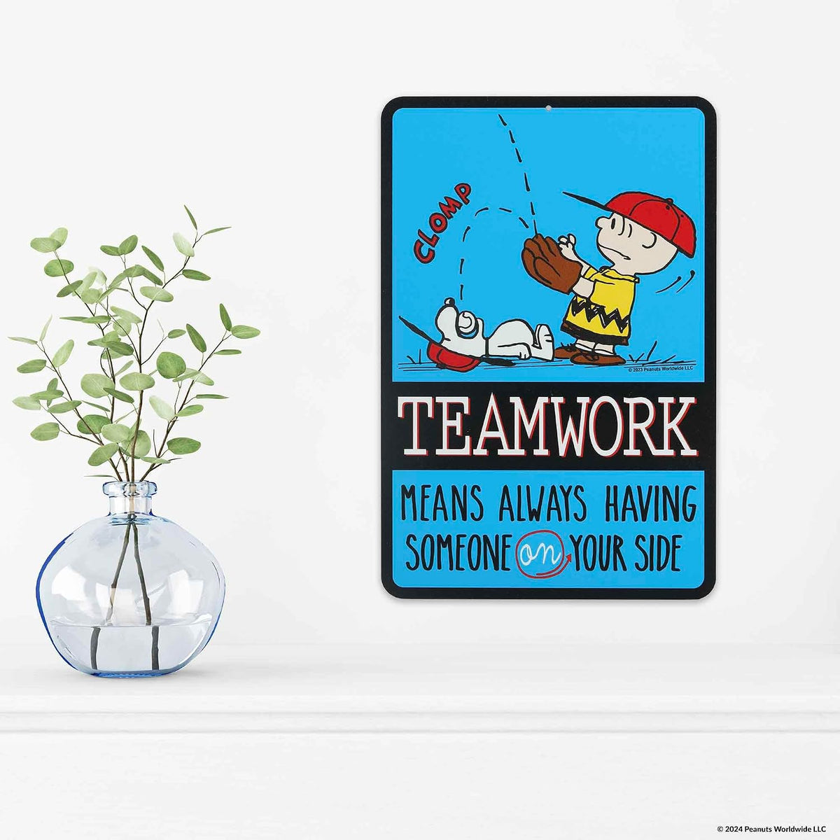 Peanuts Charlie Brown and Snoopy Baseball Teamwork Metal Sign - Fun Charlie Brown Sign for Kids' Bedroom or Classroom