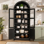 71" Tall Arched Kitchen Pantry Cabinet, Modern Farmhouse Wood Kitchens Storage Cabinets, Cupboard for Dining Room, Kitchen, Bathroom, Black