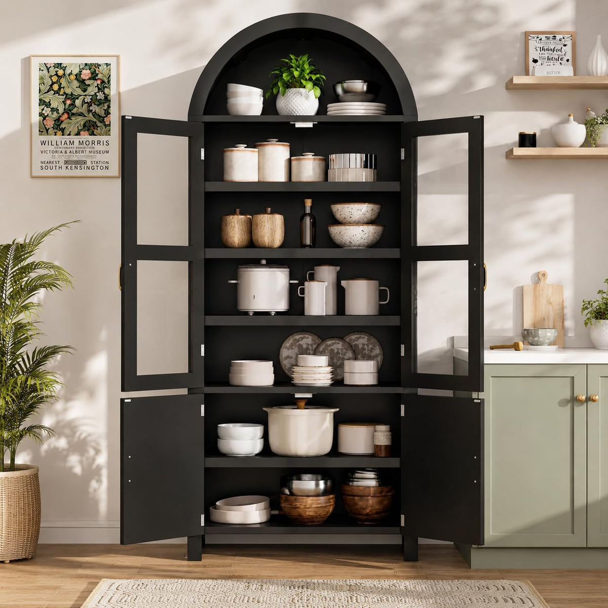 71" Tall Arched Kitchen Pantry Cabinet, Modern Farmhouse Wood Kitchens Storage Cabinets, Cupboard for Dining Room, Kitchen, Bathroom, Black