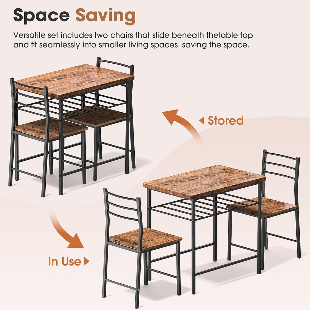 Fenbeli 3 Piece Dining Table Set - Small Kitchen Table & Chair Sets for 2, Breakfast Table Set w/Steel Frame, Built-in Storage Rack for Dining Room, Living Room, Apartment (Brown, Small)