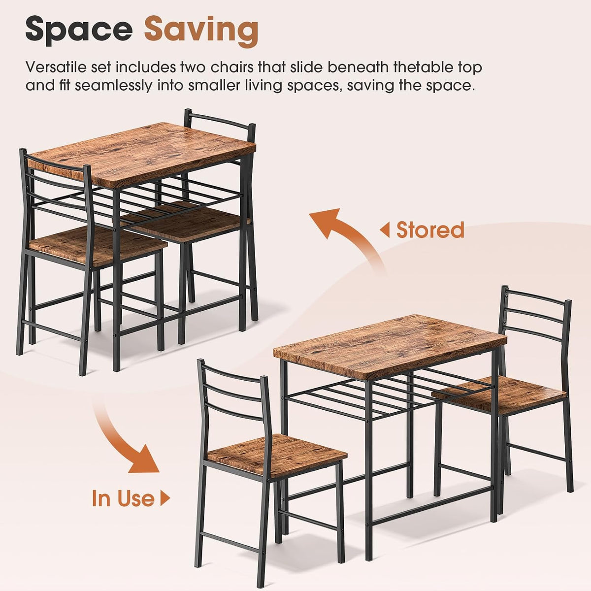 Fenbeli 3 Piece Dining Table Set - Small Kitchen Table & Chair Sets for 2, Breakfast Table Set w/Steel Frame, Built-in Storage Rack for Dining Room, Living Room, Apartment (Brown, Small)