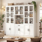Unikito 79.7" Tall Kitchen Pantry Storage Cabinet, Freestanding Kitchen Hutch Cabinet with Tempered Glass Door, Adjustable Shelves and Drawer, Large Display Bookcase for Living Room Dining Room, White