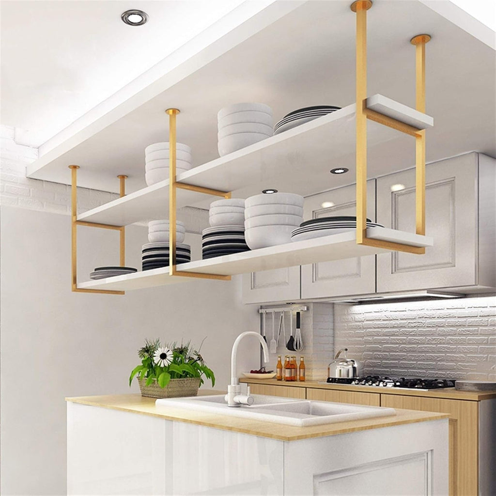 Pot Rack Ceiling Mount | Kitchen Wine Rack & Hanging Shelf Organizer, Wooden and Metal Design, Multi-Functional Storage Solution