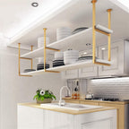 Pot Rack Ceiling Mount | Kitchen Wine Rack & Hanging Shelf Organizer, Wooden and Metal Design, Multi-Functional Storage Solution