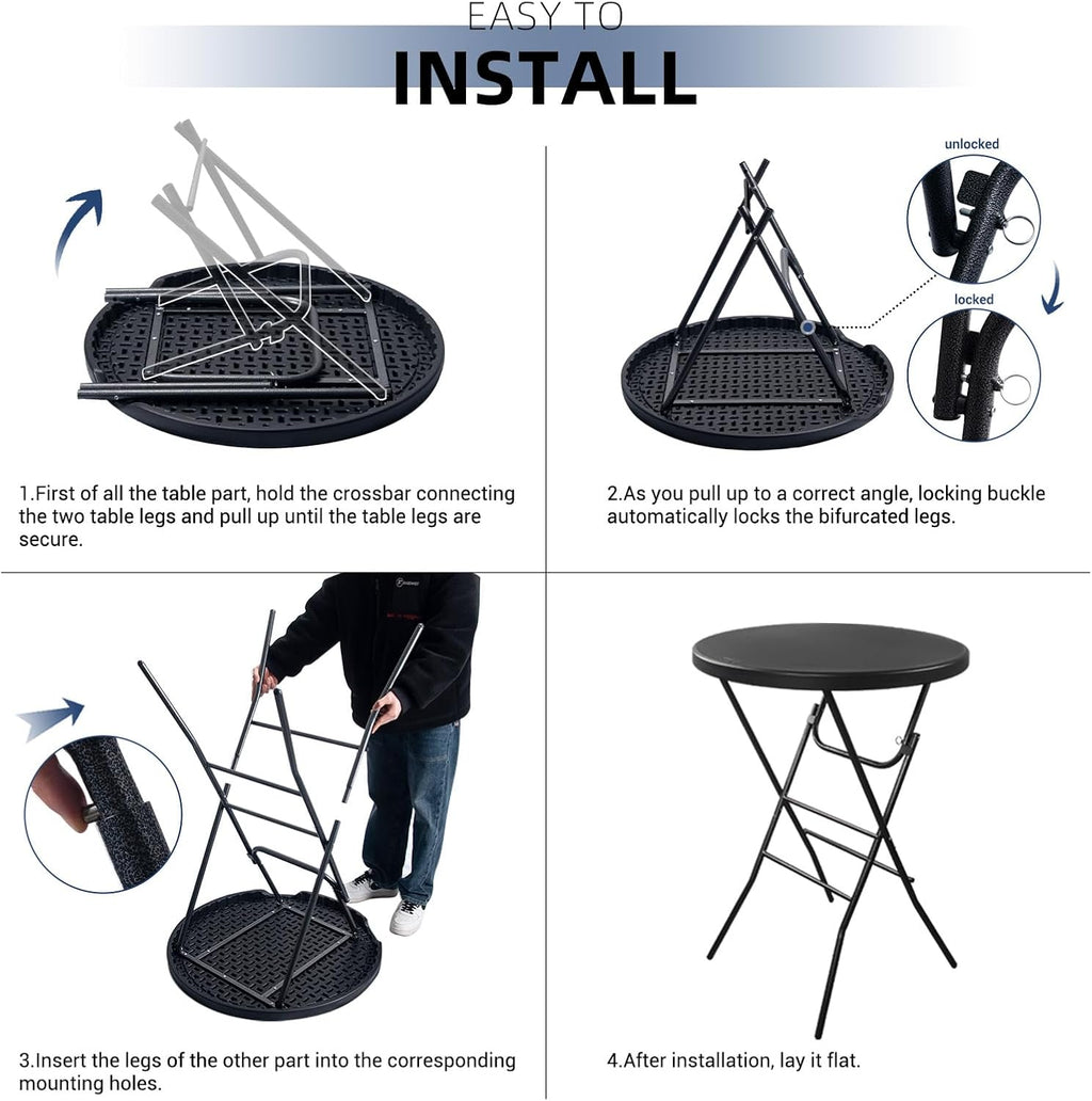 Byliable 32in Cocktail Folding Table, Round High Top Bar Table, Black | Portable Foldable Design with Removable Legs, Two Folding Methods, HDPE Tabletop, Indoor Outdoor for Parties, Patio, Events