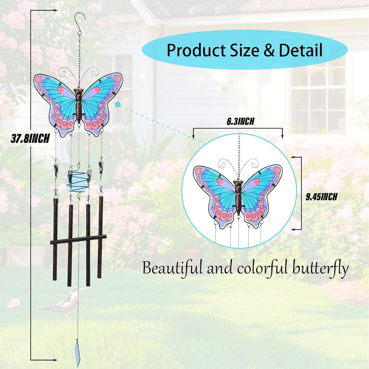 MUMTOP Butterfly Wind Chimes for Outside, Stained Glass Wind Chime Windchimes for Patio, Outdoor,Garden,Yard,Coastal,Window,Home Decor or Gifts for Women(Blue & Red)