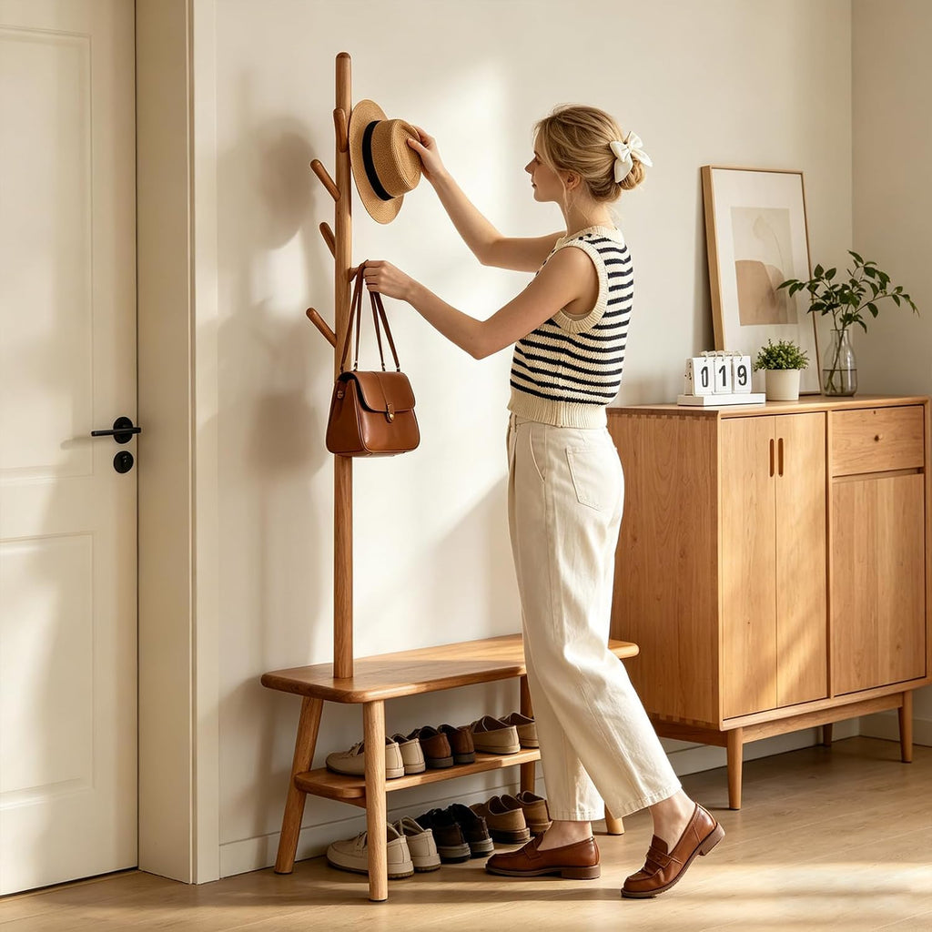 Solid Oak Coat Rack with Bench, 2-in-1 Shoe Bench and Coat Rack, Narrow Wooden Entryway Organizer with Hooks for Hallway, Foyer, Bedroom, Natural Oak Finish