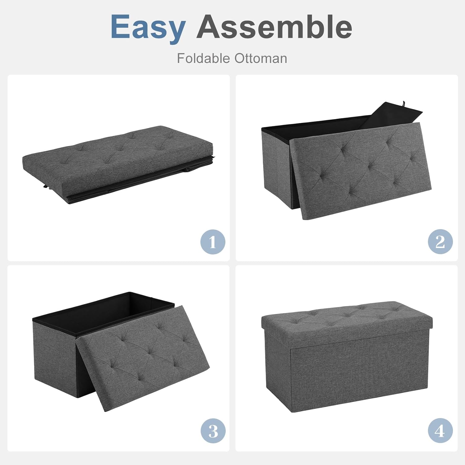 DUMOS 30in Storage Ottoman Bench, Storage Chest | End of Bed Foot Rest Stool with Padded Seat, Bedroom Bench for Living Room, Bedroom, Support 660lbs, Grey