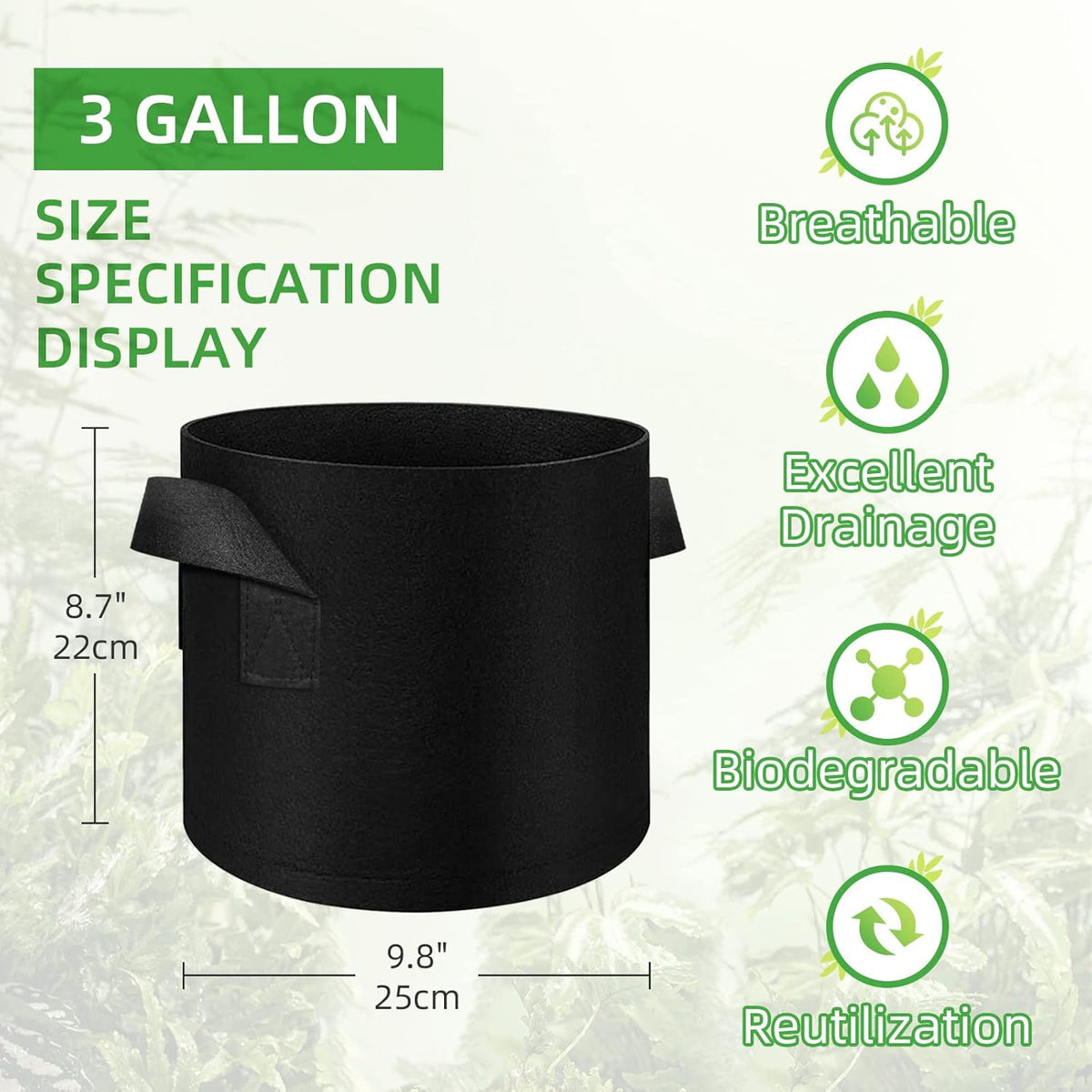 LITLANDSTAR 50 Pack 3 Gallon Plant Grow Bags, Breathable Felt Non-Woven Aeration Fabric Plant Grow Pots, Garden Planting Containers for Nursery Vegetable Flower Grow Bags with Handles (9.8x8.7nch)