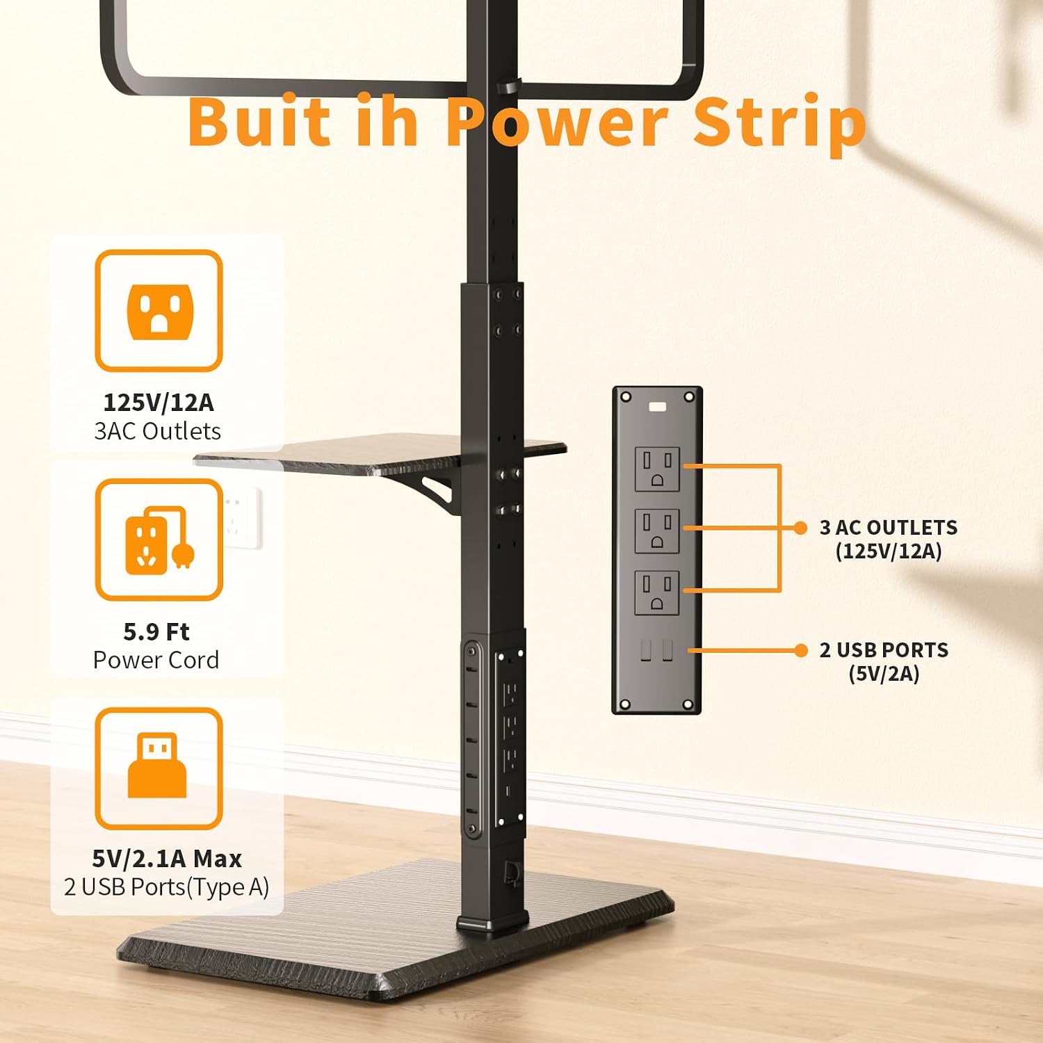 TV Floor Stand with Power Outlet & Removable Shelf for 32-75 Inch TVs | 110 lbs Capacity | ±30° Swivel | Height Adjustable | Cable Management | Safety Lock | Ideal for Living Room, Bedroom, Office