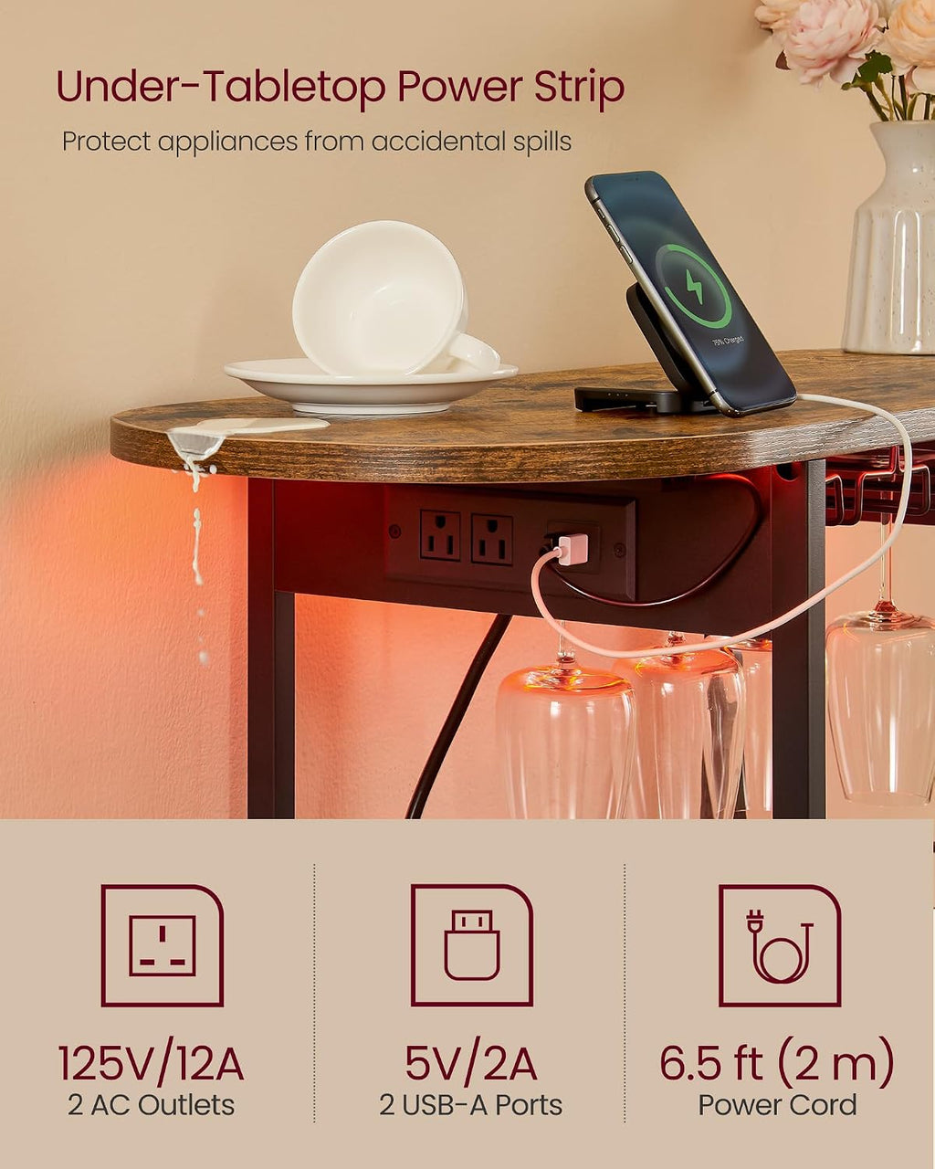 VASAGLE Bar Cabinets for Home, LED Coffee Bar with Power Outlets | Mini Bar for Liquor, Freestanding Wine Rack with Glass Holder, Dining Room, Rustic Brown, ISLAND Collection ULWR007K01S