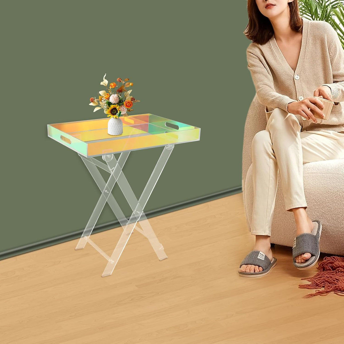 Acrylic Folding Tray Table,Iridescent End Table,Colorful Acrylic Side Table,Rainbow End Table,24x20x14 inch for Homes, Bars, Showrooms
