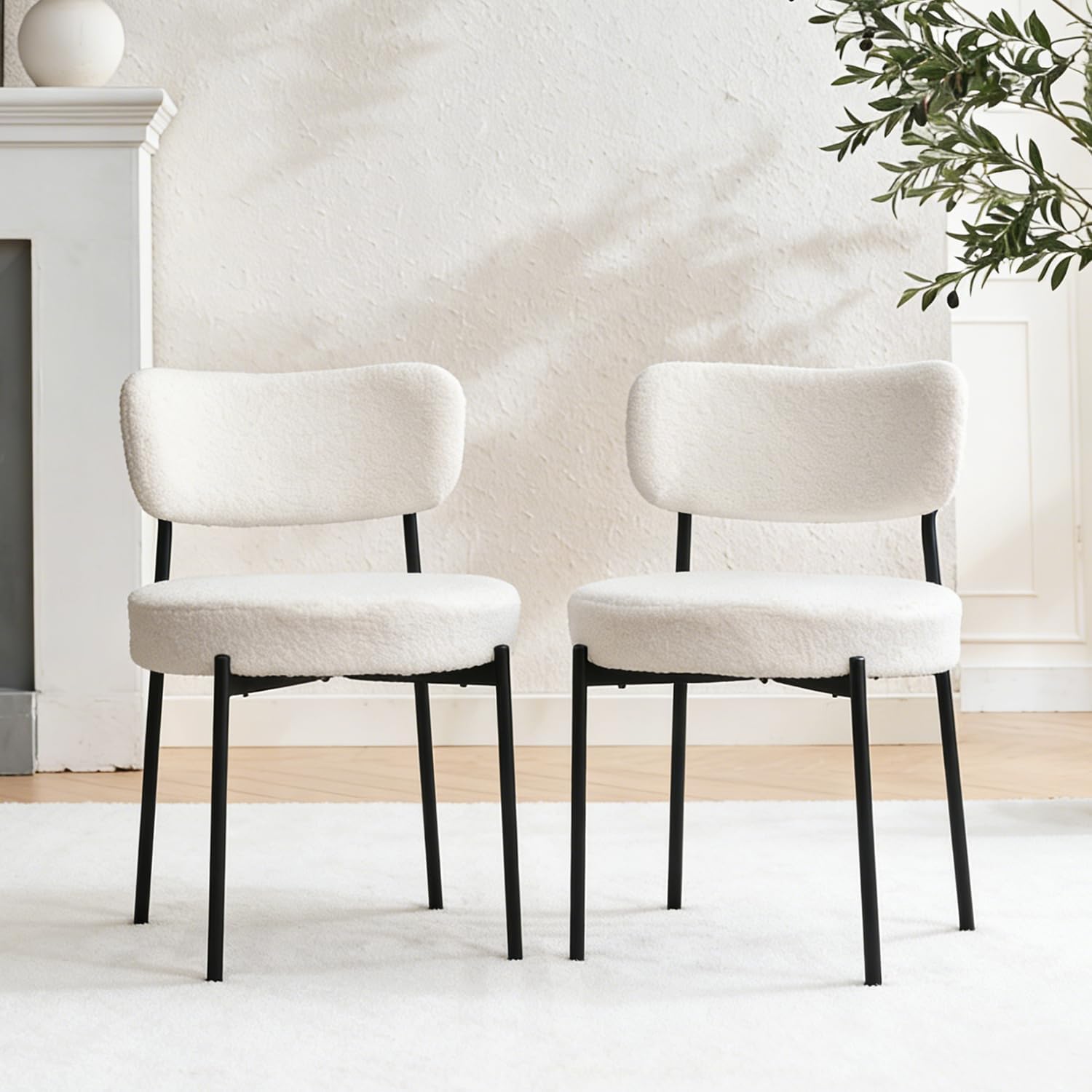 White Dining Chairs Set of 4, Modern Mid Century Kitchen Chairs with Upholstered Seat, Round Dining Room Chair with Metal Frame