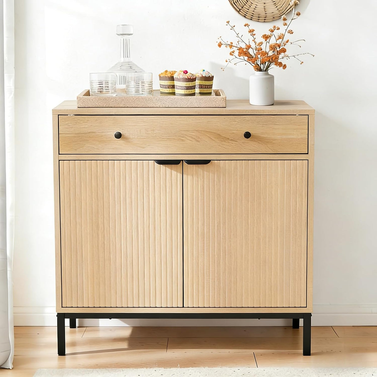 31 inch Sideboard Buffet Cabinet with Drawer, Modern Fluted Credenza with 2 Doors & Adjustable Shelf, Small Coffee Bar Storage for Kitchen, Entryway
