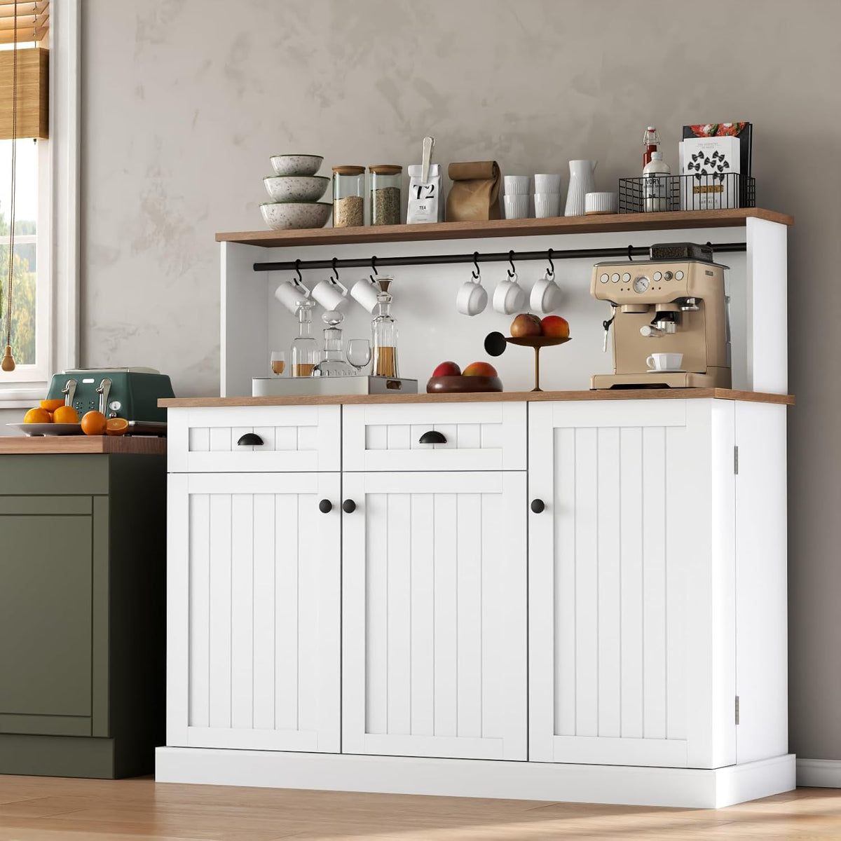 Gyfimoie Sideboard Buffet Cabinet with 2 Drawers, Farmhouse Kitchen Pantry with Adjustable Shelves, Coffee Bar Cupboard Cabinet with 3 Doors for Kitchen, Dining Room (White)