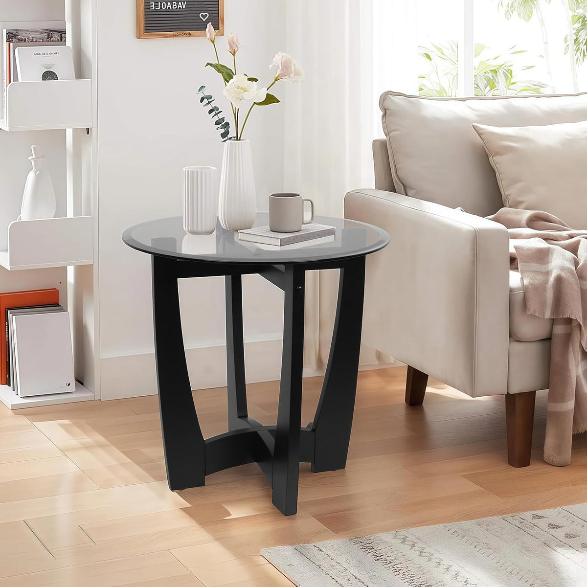 LKTART Glass End Table, 23.5" Round Side Tables with Black Tempered Glass Top Cross and Solid Wood Base Small Night Stand for Living Room Office Apartment Black