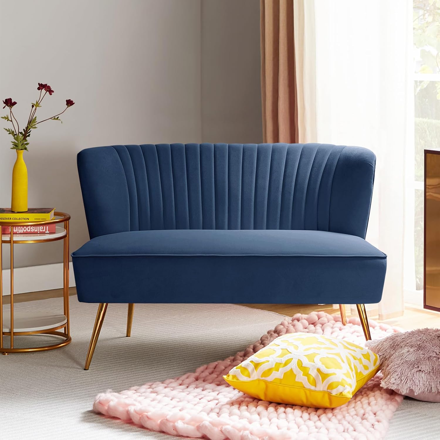 TINA'S HOME Mid-Century Velvet Loveseat Sofa, Upholstered Loveseat Couch with Golden Metal Legs, Small Tufted 2-Seat Sofa Armless Love Seat for Living Room Bedroom, Slate Blue